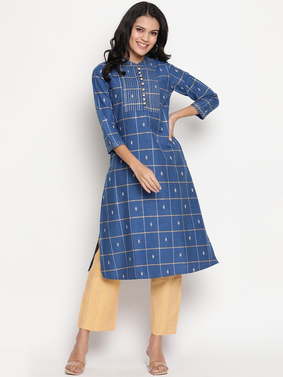 

Be Indi Mandarin Collar Woven Design Pure Cotton Kurta With Trousers, Blue