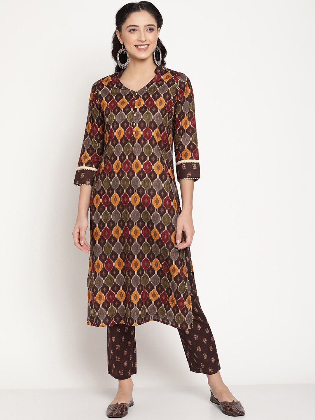 

Be Indi Women Ethnic Motifs Printed Straight Kurta with Trousers, Brown