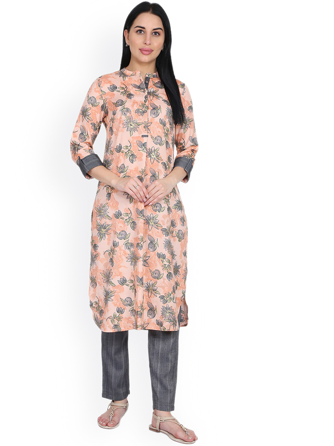 

Be Indi Mandarin Collar Floral Printed Kurta With Trousers, Peach