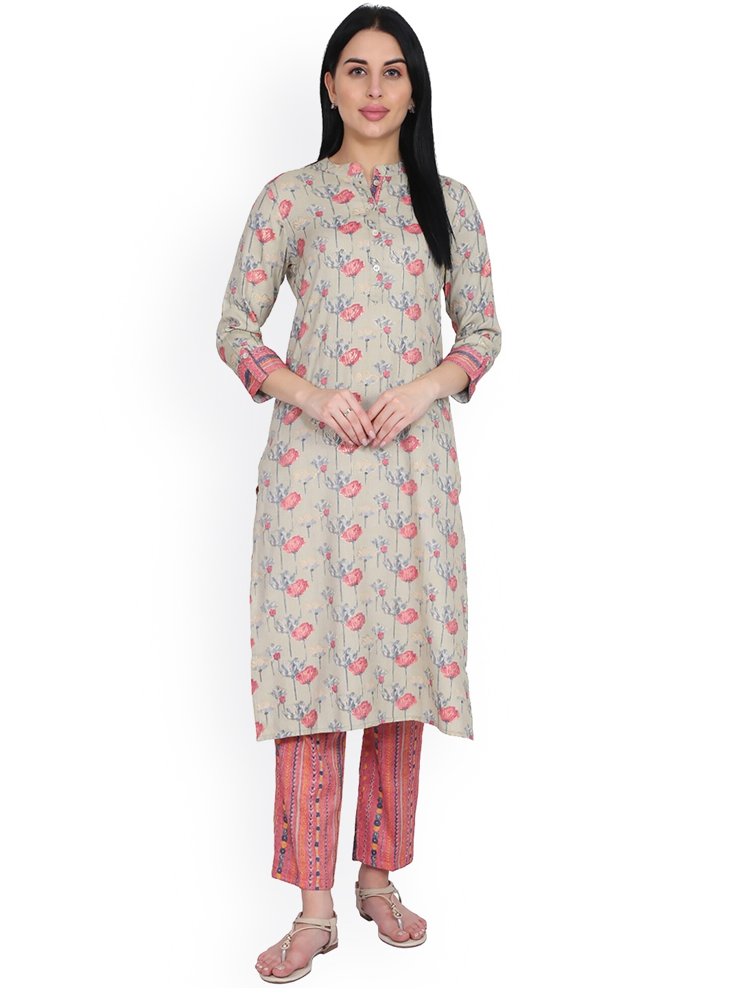 

Be Indi Mandarin Colar Floral Printed Kurta With Trousers, Red