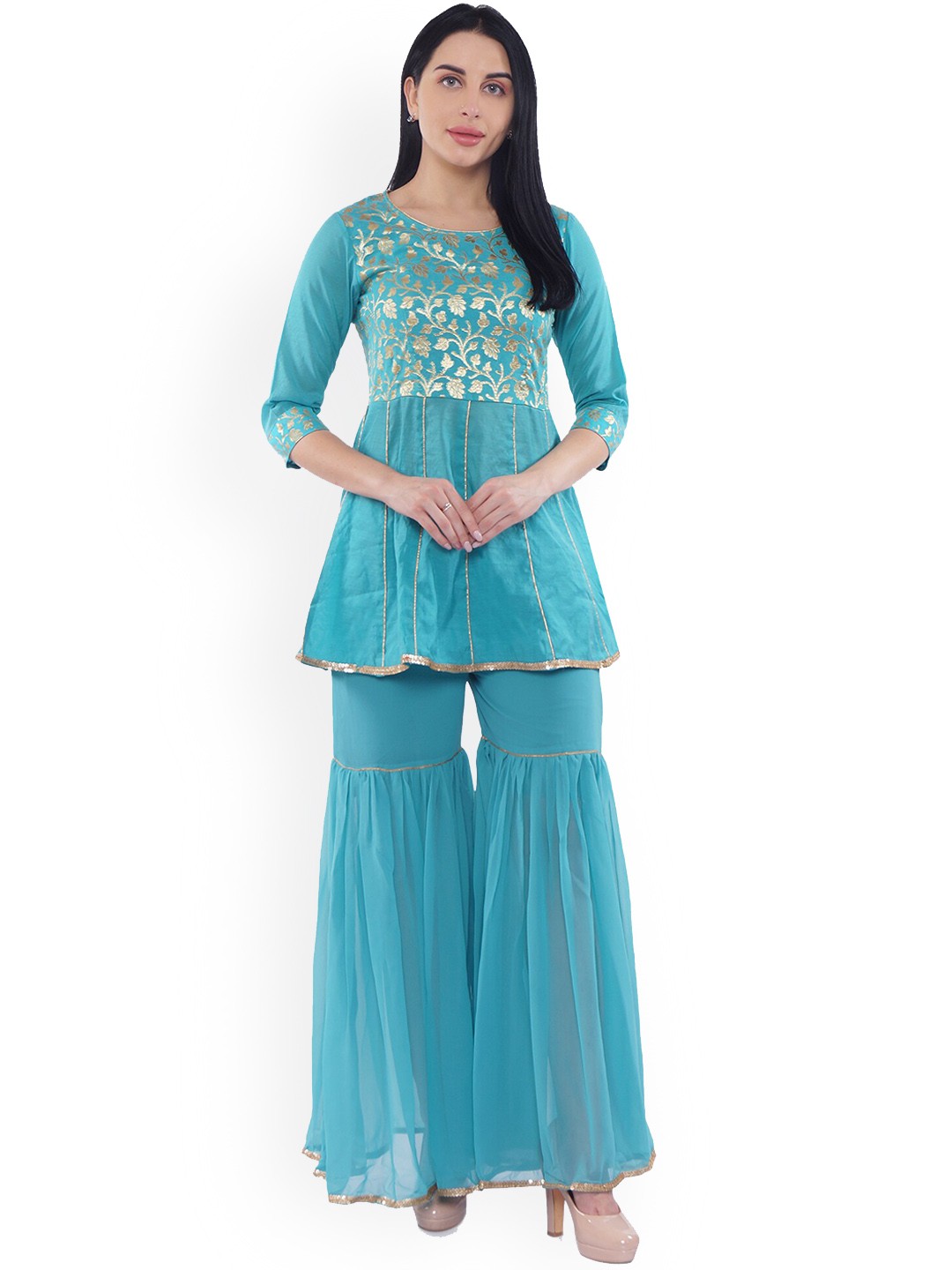 

Be Indi Woven Design Gotta Pattin Kurti With Sharara, Turquoise blue