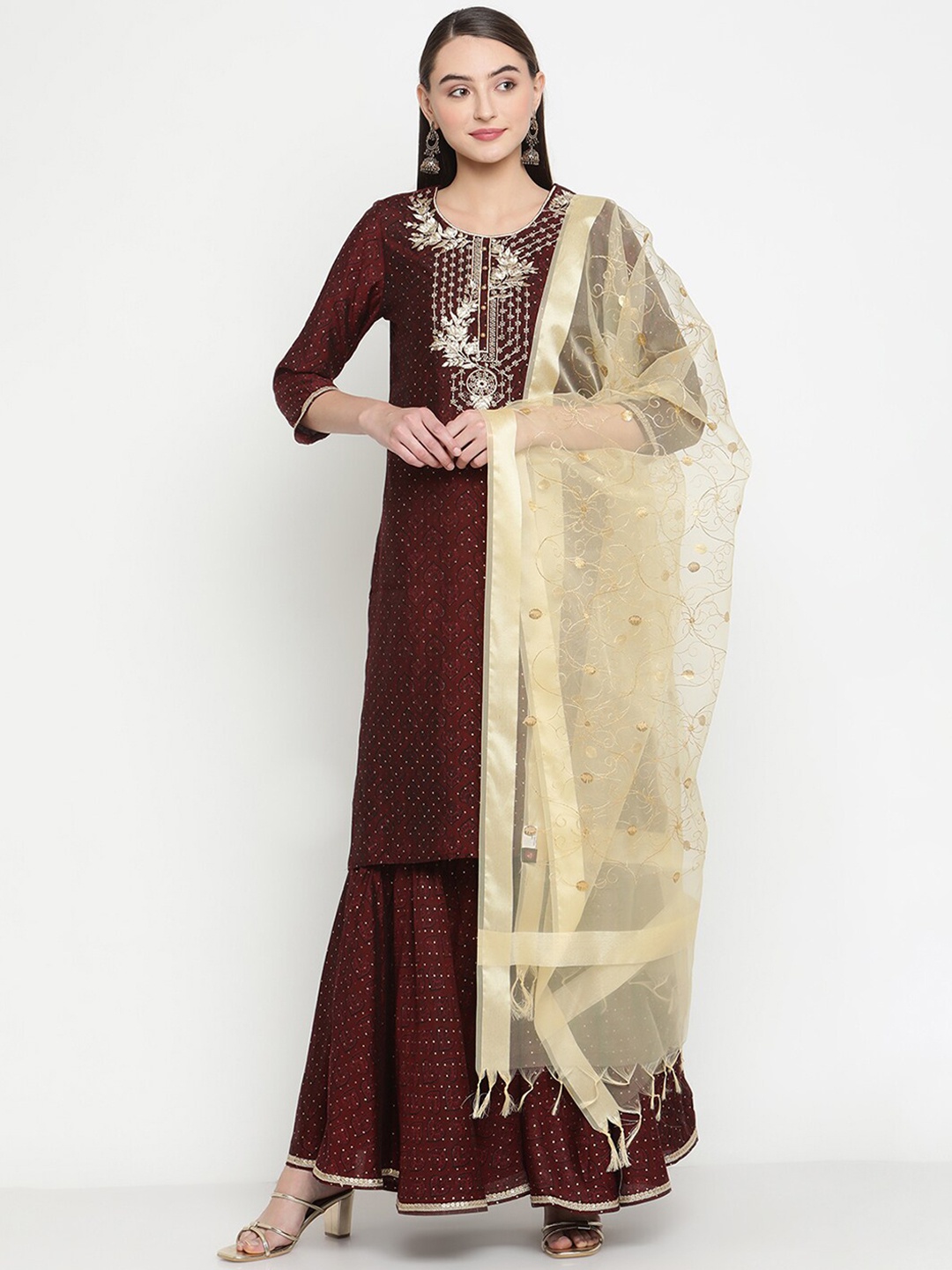 

Be Indi Floral Printed Sequinned Kurta With Sharara & Dupatta, Maroon