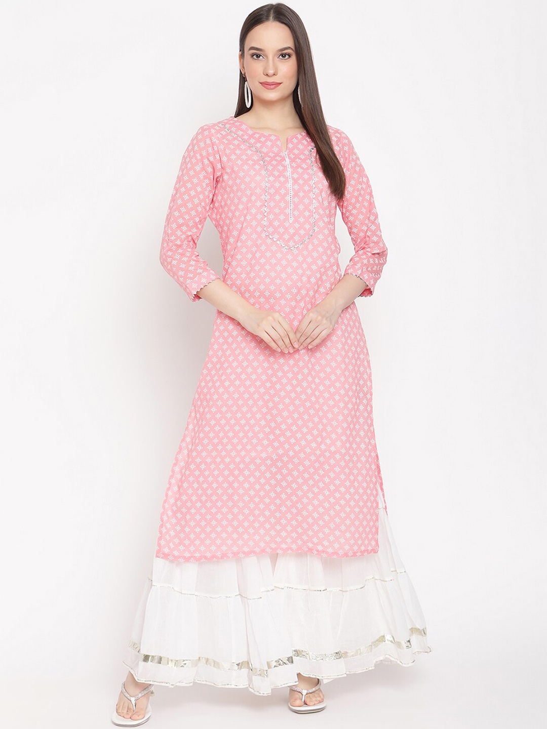 

Be Indi Ethnic Motif Printed Gotta Patti Pure Cotton Kurta With Skirt, Pink