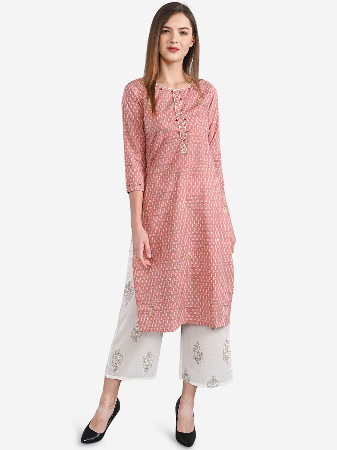 

Be Indi Ethnic Motifs Printed Pure Cotton Kurta With Palazzos, Pink