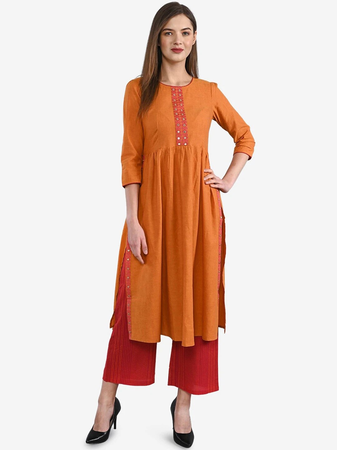 

Be Indi Pleated Mirror Work A-Line Pure Cotton Kurta With Palazzos, Orange