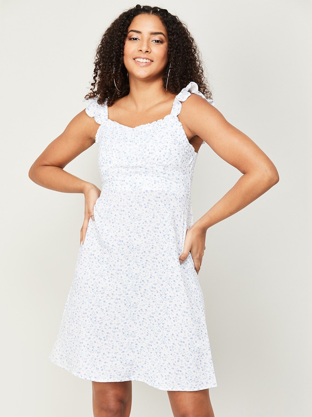 

Ginger by Lifestyle Smocked Ruffles Floral Printed Fit & Flare Dress, White