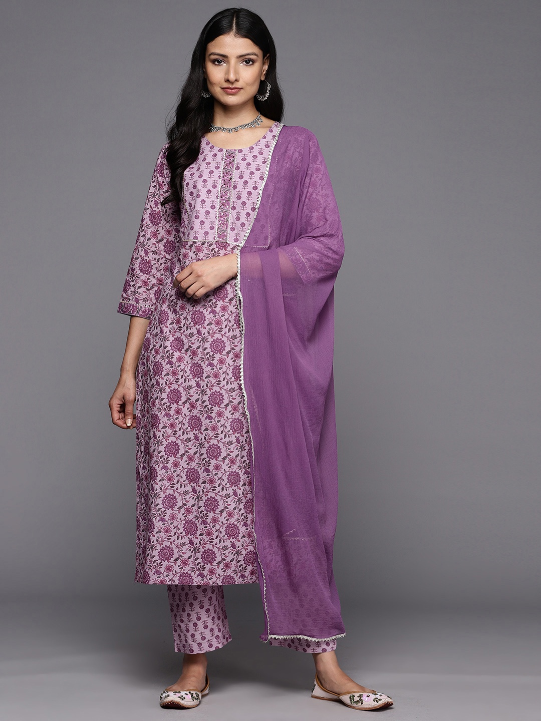 

Varanga Floral Printed Gotta Patti Pure Cotton Kurta With Trousers & With Dupatta, Purple