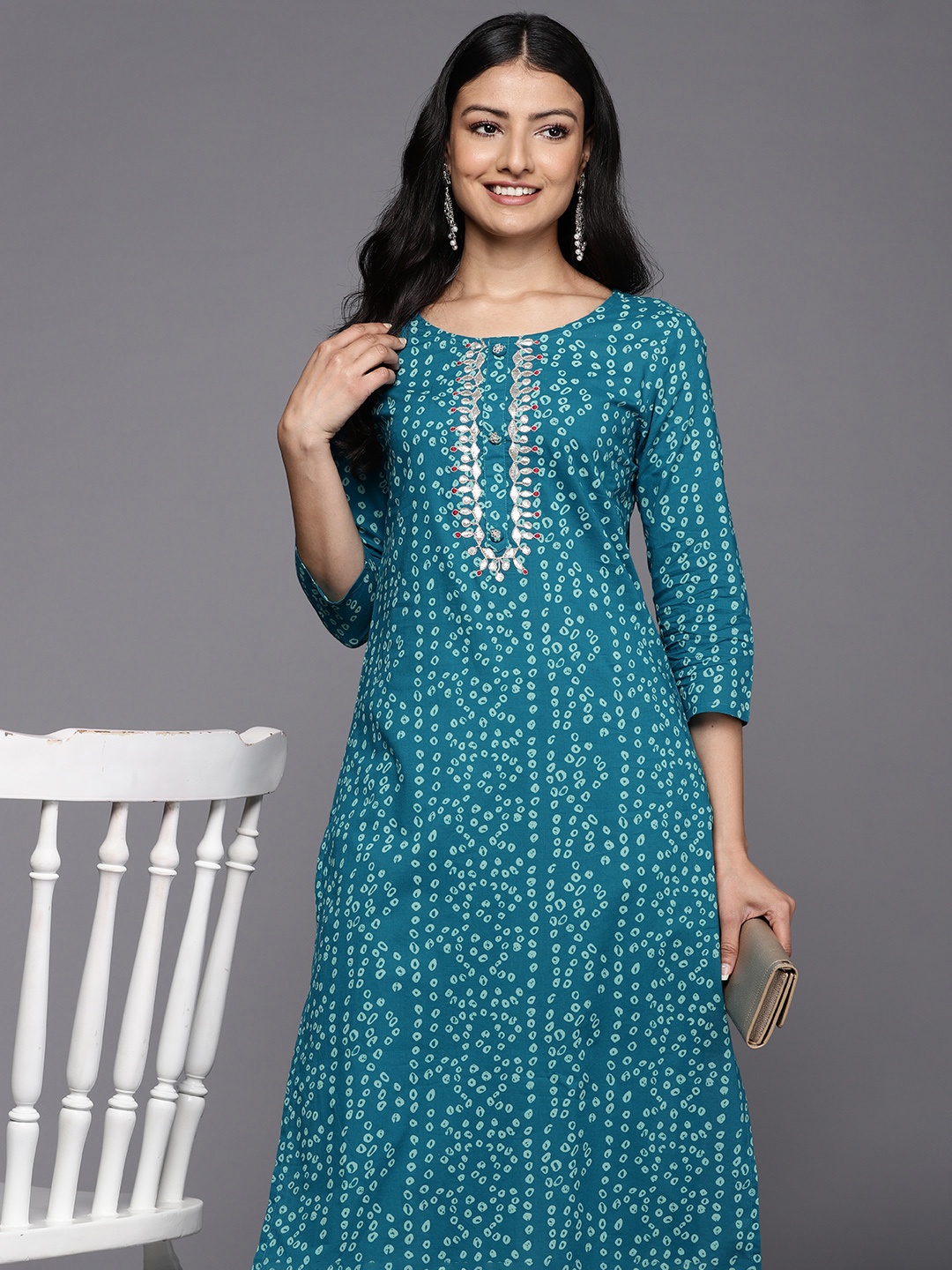 

Varanga Bandhani Printed Gotta Patti Pure Cotton Kurta, Turquoise blue