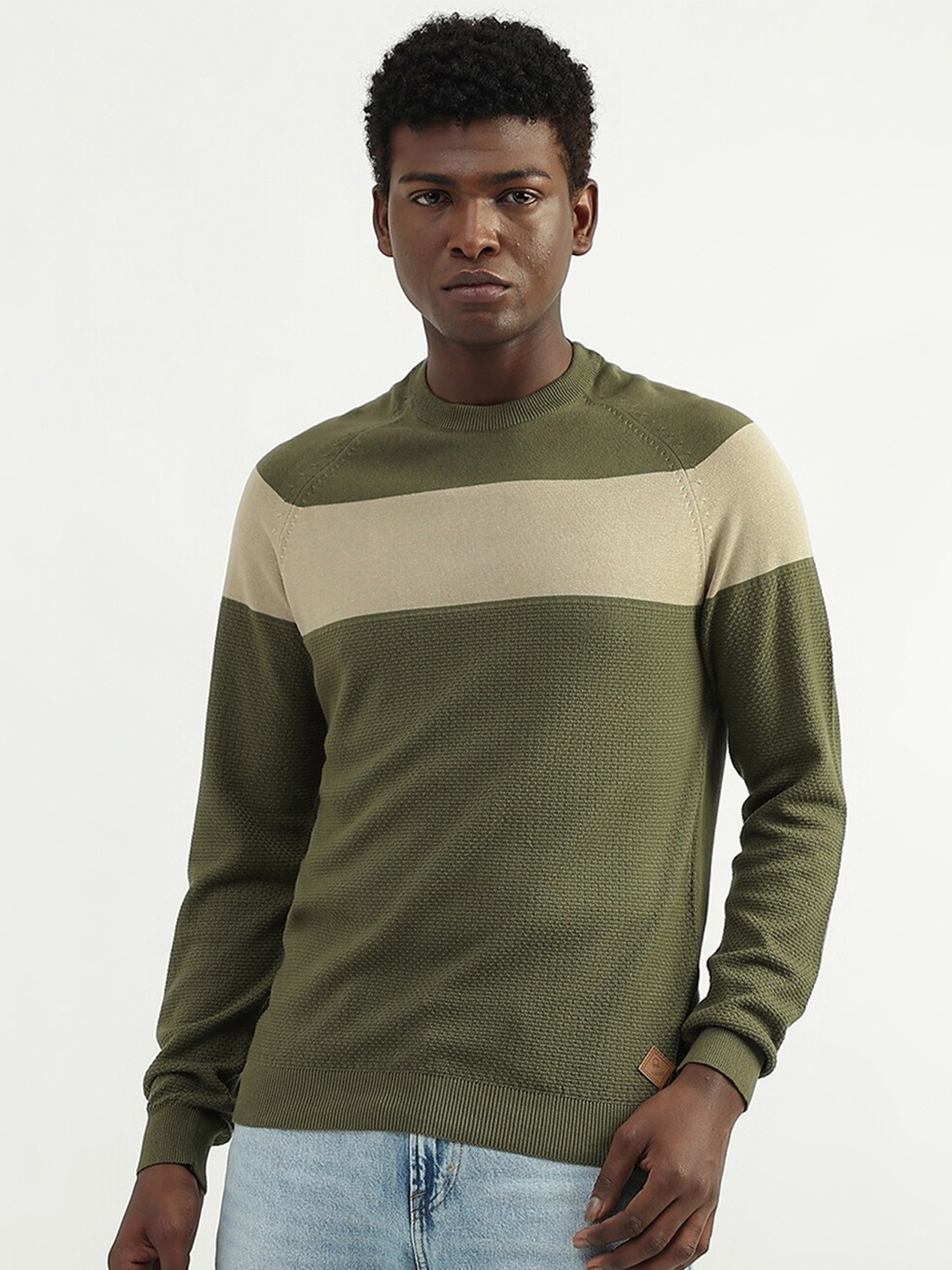 

United Colors of Benetton Colourblocked Pullover Sweaters, Olive