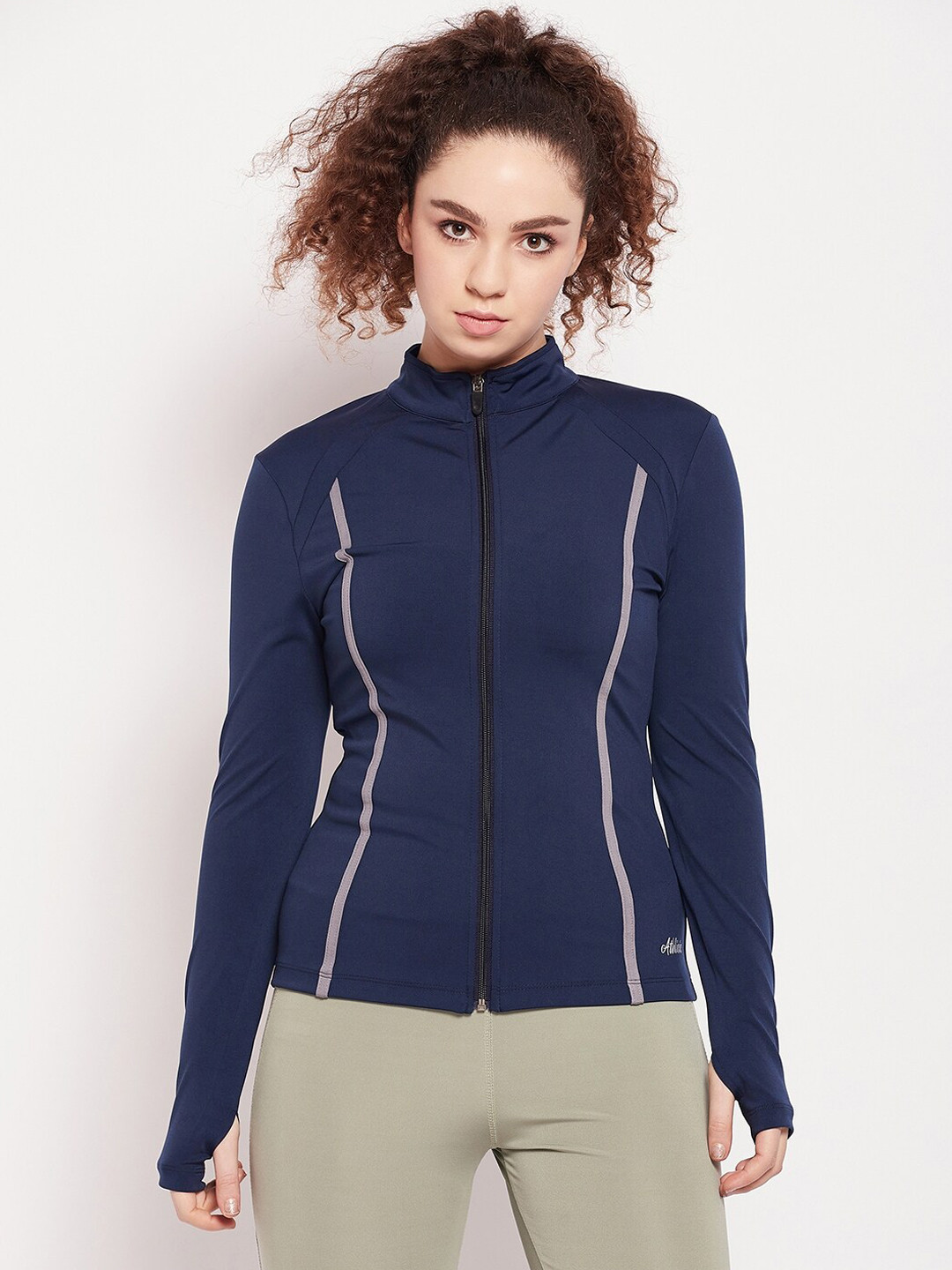 

ATHLISIS Reflective Strip Mock Collar Long Sleeves Dry Fit Training or Gym Sporty Jacket, Navy blue