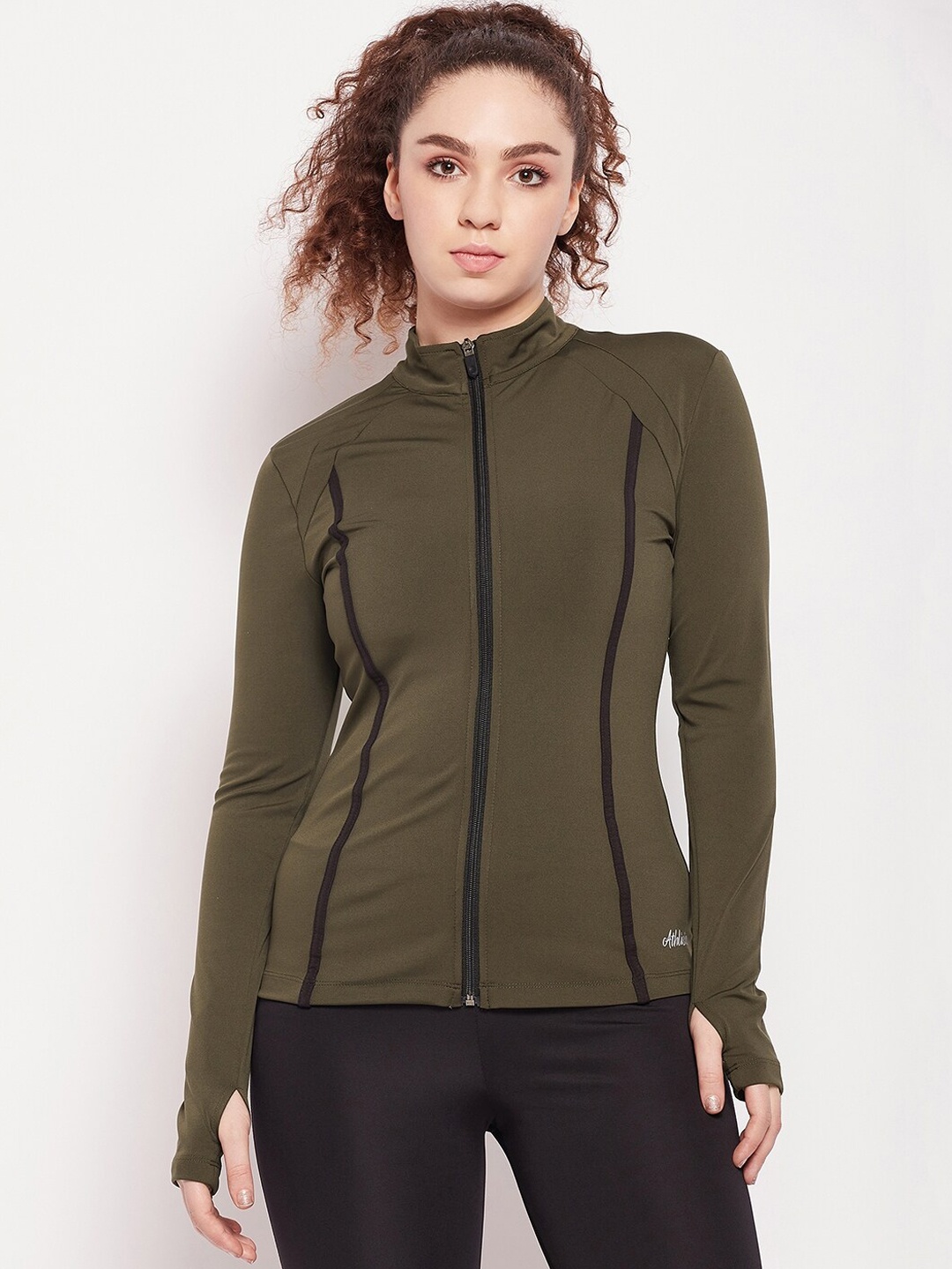 

ATHLISIS Reflective Strip Mock Collar Long Sleeves Dry Fit Training or Gym Sporty Jacket, Olive