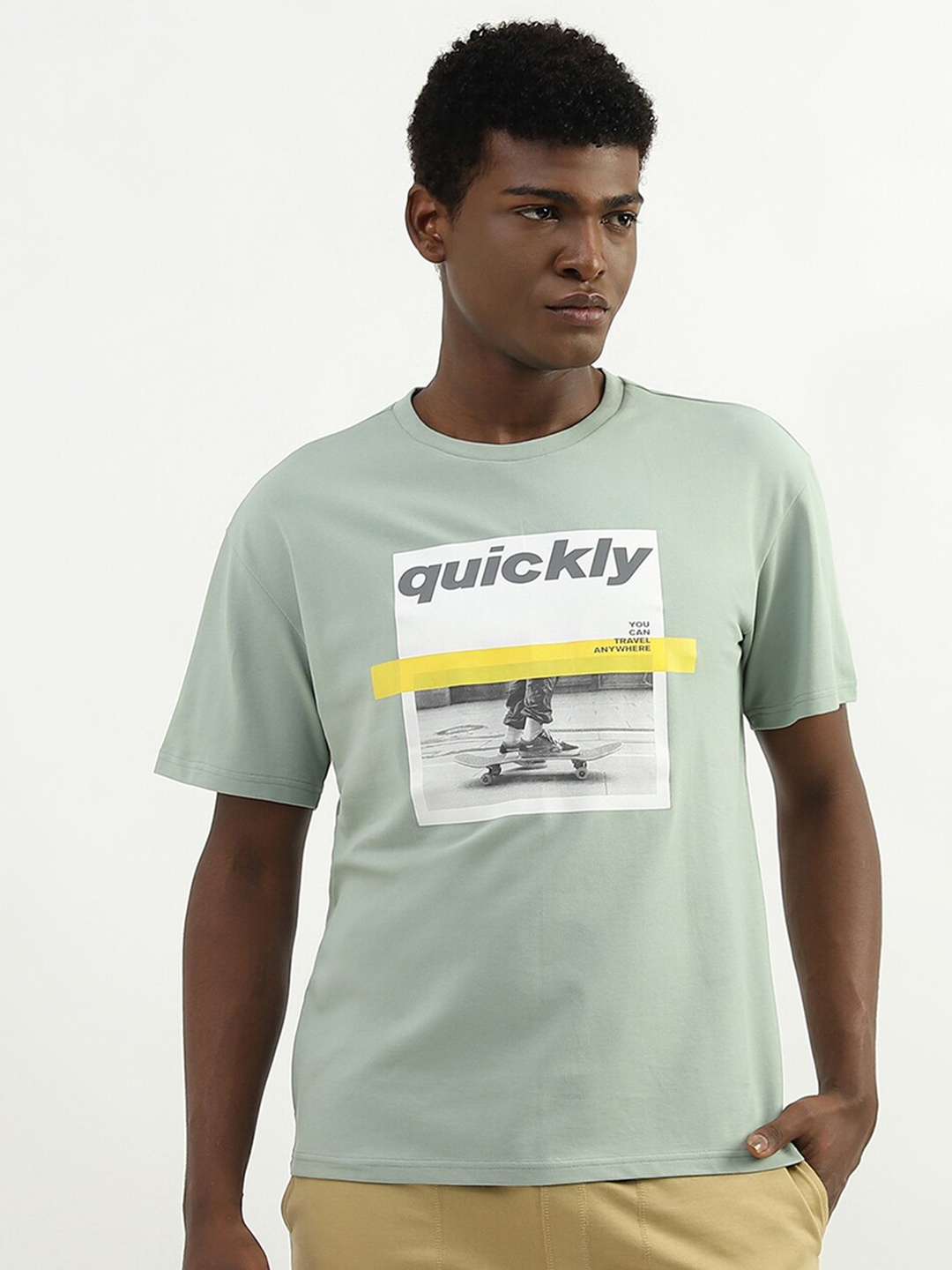 

United Colors of Benetton Round Neck Graphic Printed Cotton T-shirt, Green