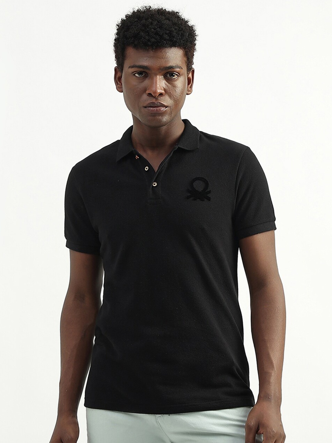 United Colors of Benetton Polo Collar Cotton T-shirt, Black
