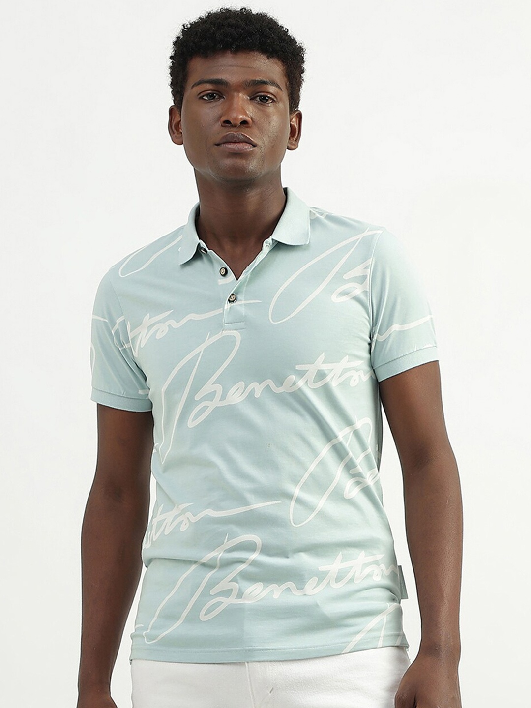 

United Colors of Benetton Typography printed Polo Collar Cotton T-shirt, Blue