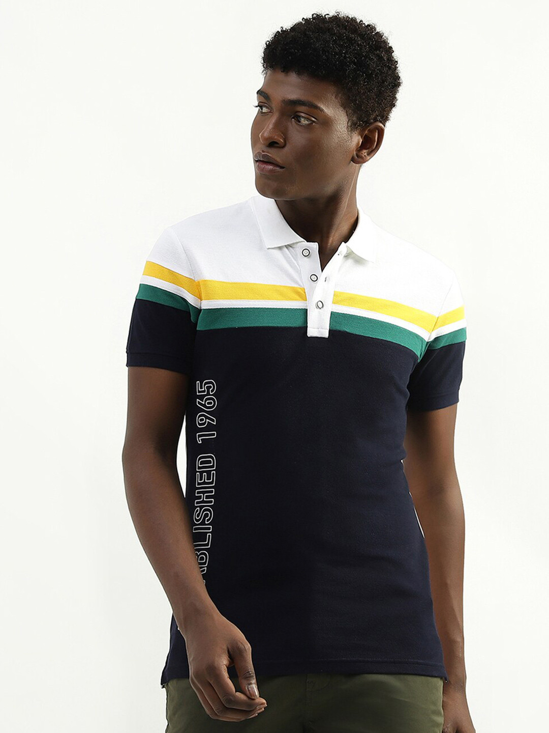 

United Colors of Benetton Colourblocked Polo Collar Cotton T-shirt, Navy blue