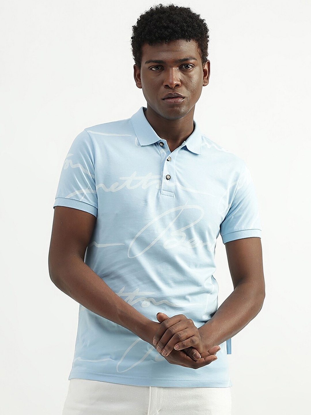 

United Colors of Benetton Typography Printed Polo Collar Cotton T-shirt, Blue
