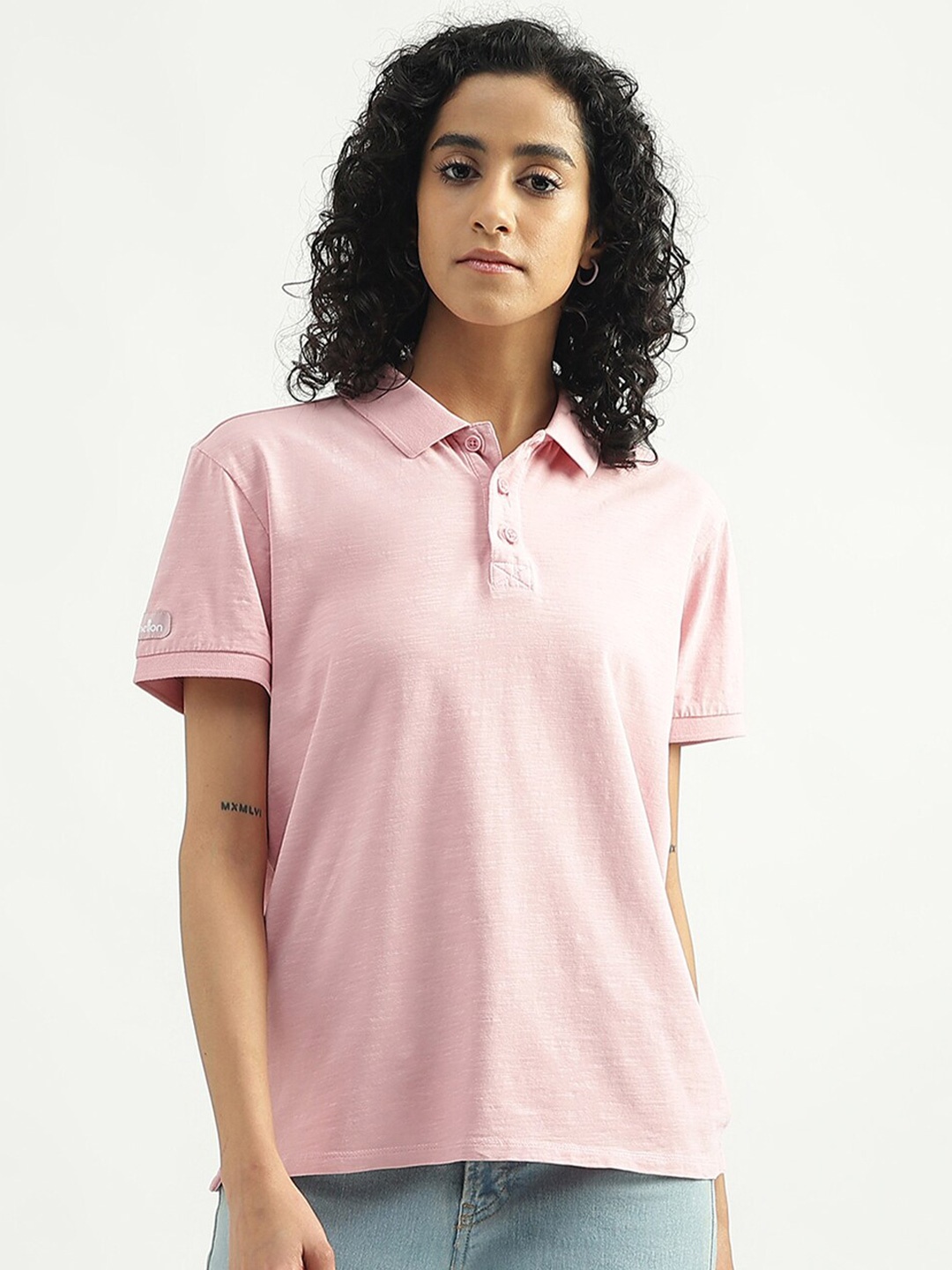 

United Colors of Benetton Women Polo Collar Cotton T-shirt, Pink