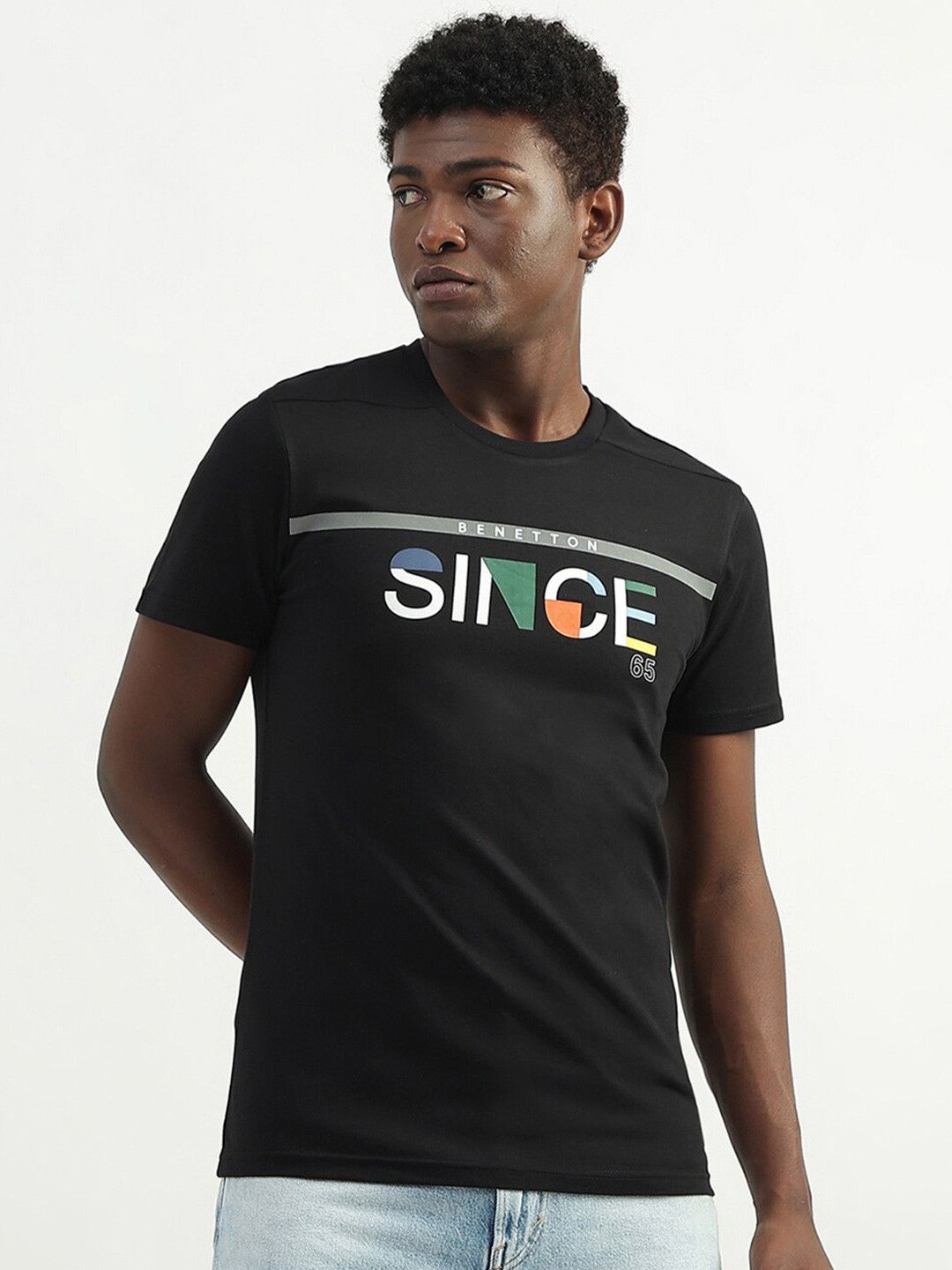 

United Colors of Benetton Men Black Typography Printed Applique T-shirt