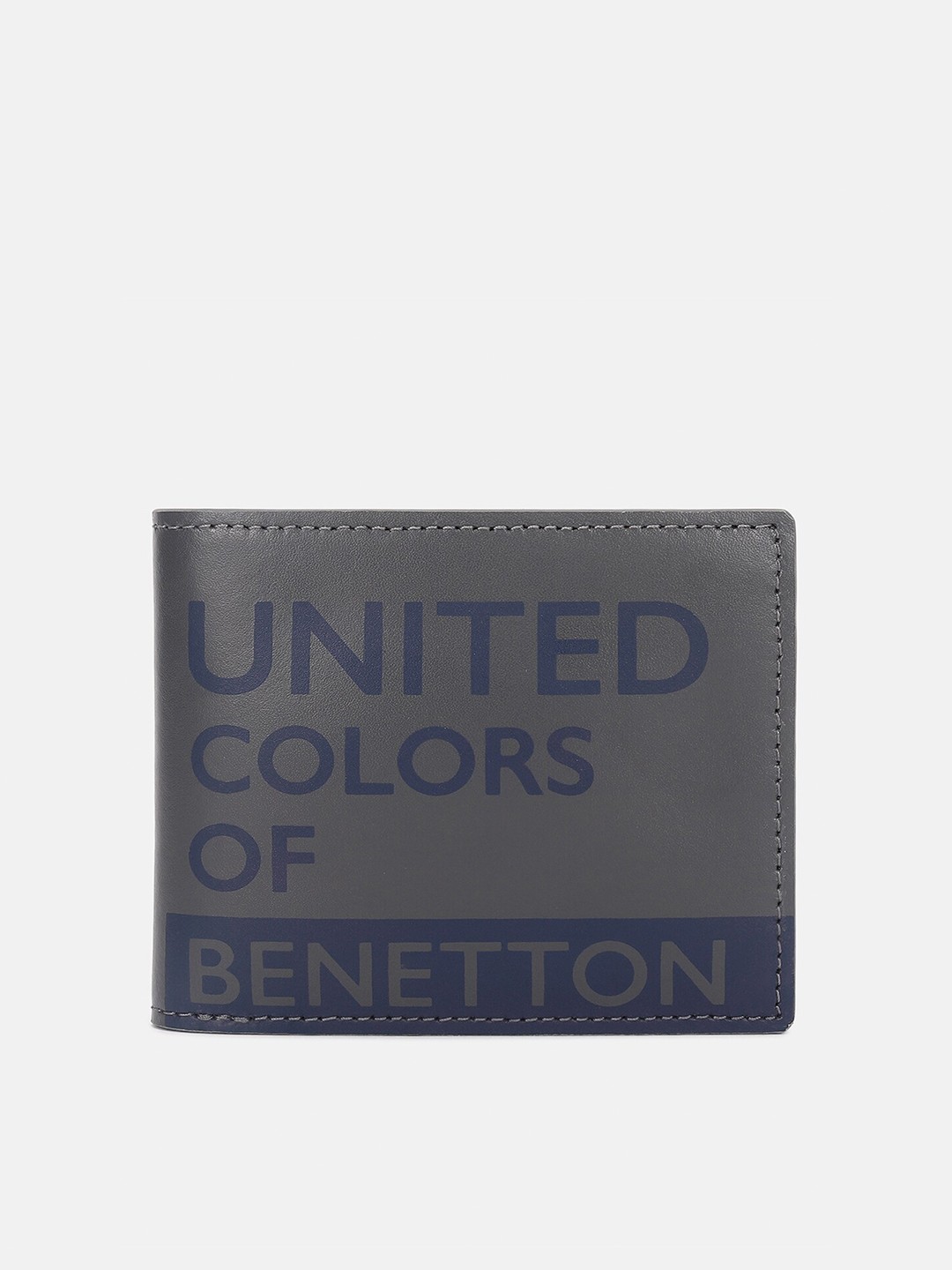 

United Colors of Benetton Men Typography Printed Leather Two Fold Wallet, Grey