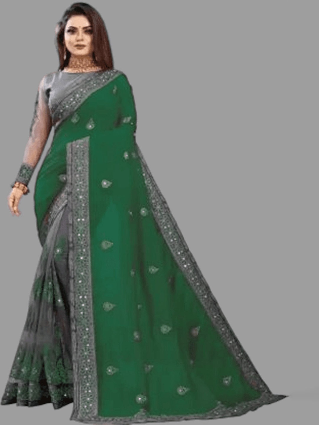 

APNISHA Ethnic Motifs Embroidered Half & Half Heavy Work Saree, Green