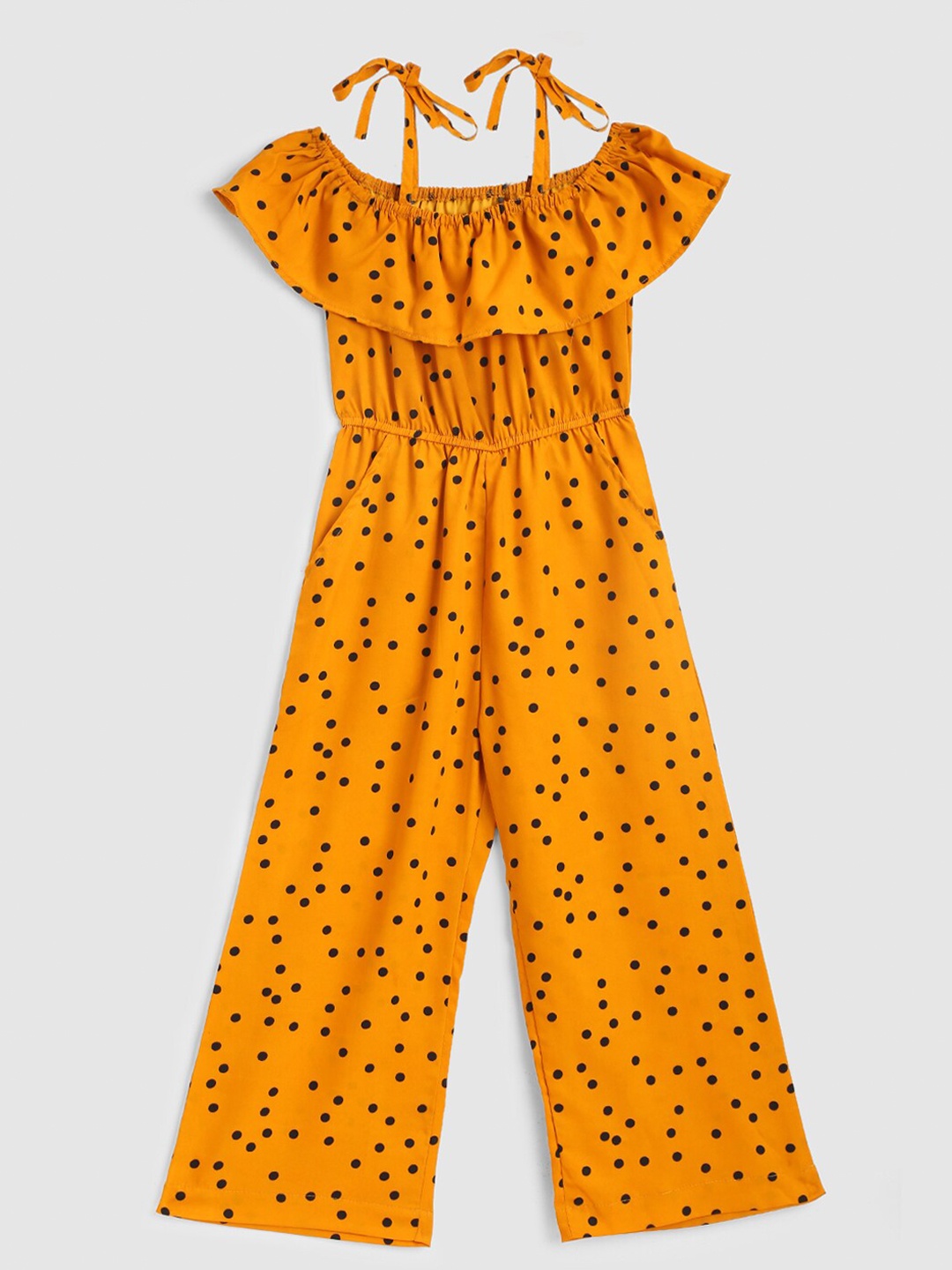 

YK Girls Printed Cotton Basic Jumpsuit with Ruffles, Yellow