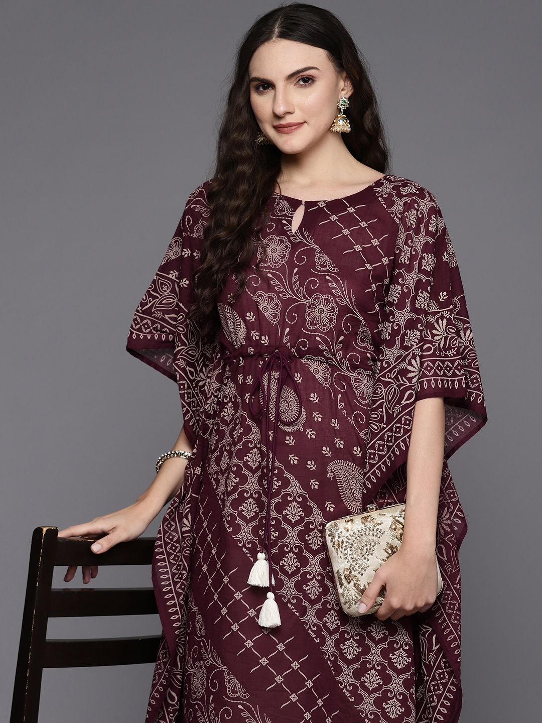 

Indo Era Women Ethnic Motifs Printed Keyhole Neck Flared Sleeves Kaftan Kurta, Burgundy