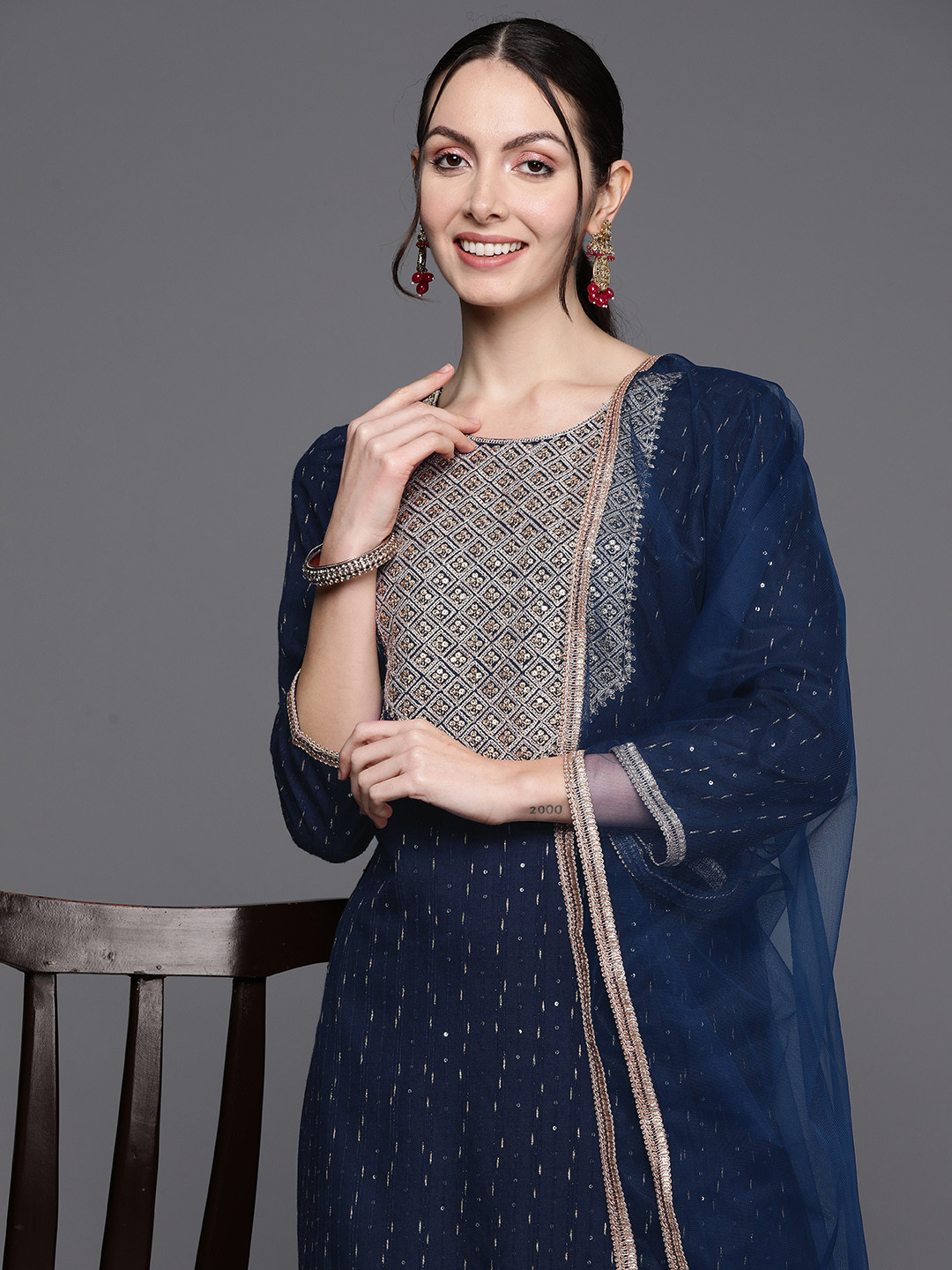 

Indo Era Women Ethnic Motifs Embroidered Sequinned Liva Kurta with Palazzos & With Dupatta, Navy blue