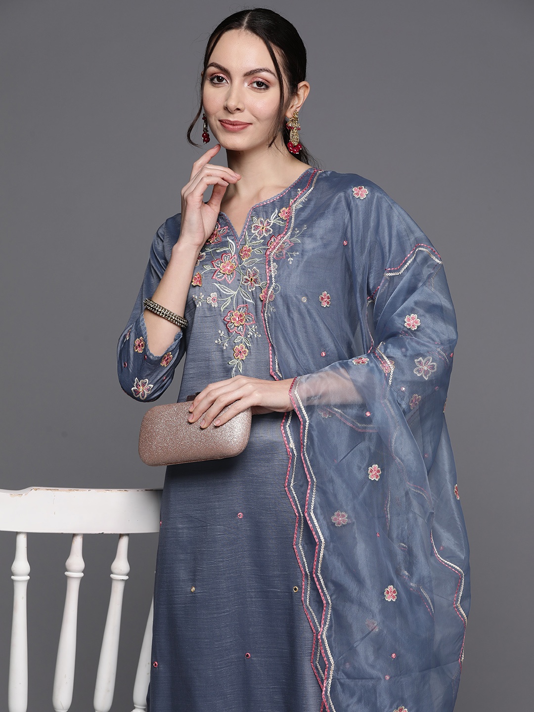 

Indo Era Women Floral Embroidered Thread Work Kurta with Trousers & With Dupatta, Blue