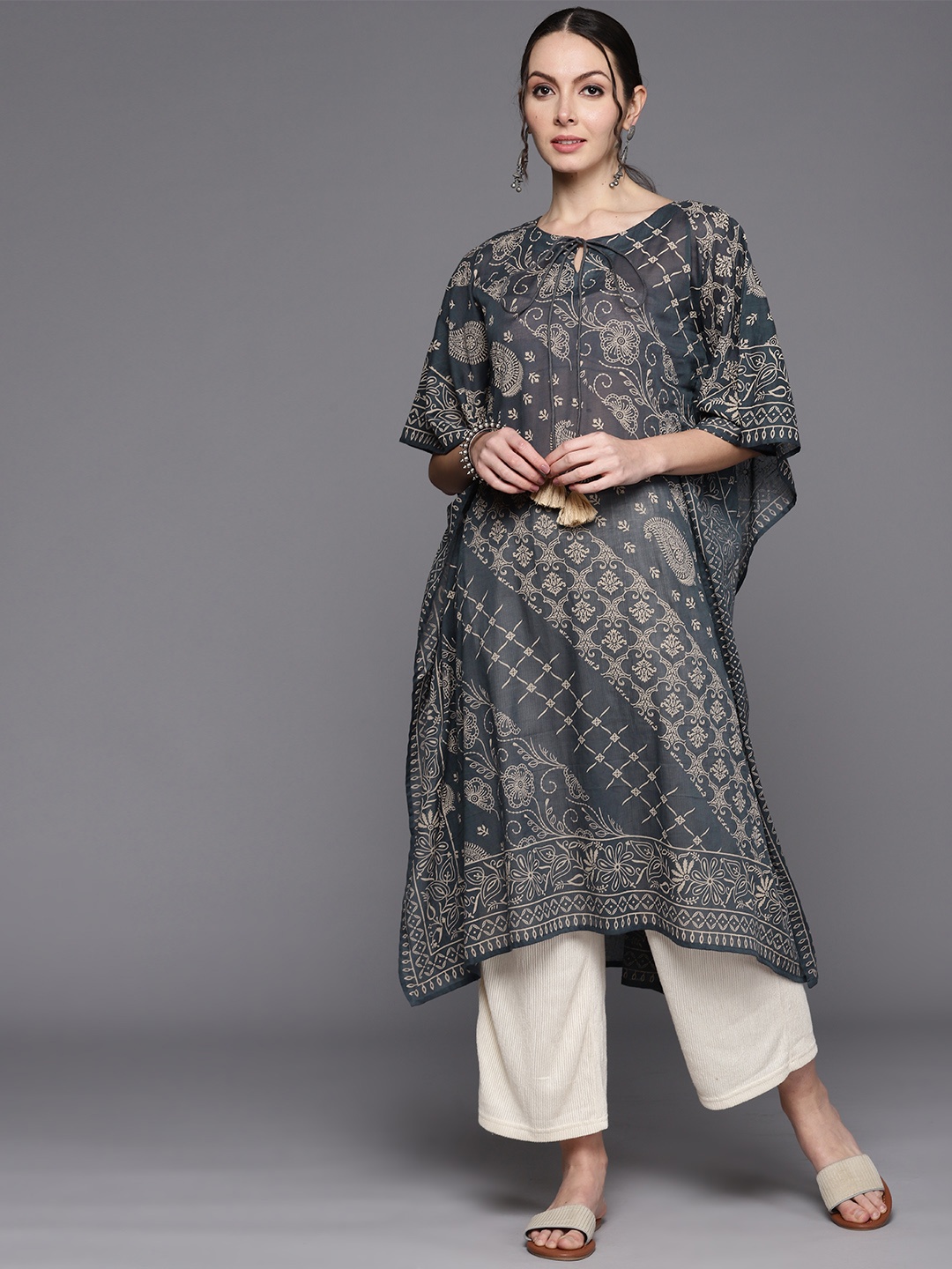 

Indo Era Women Ethnic Motifs Printed Flared Sleeves Kaftan Kurta, Grey