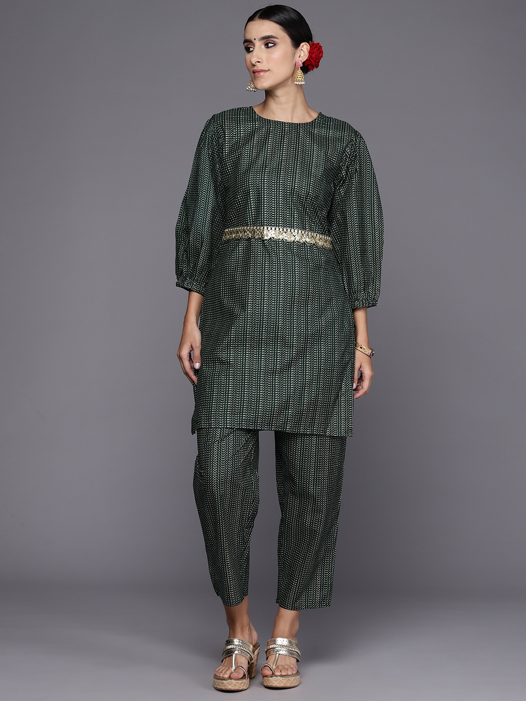 

Indo Era Women Printed Regular Kurta with Trousers, Green