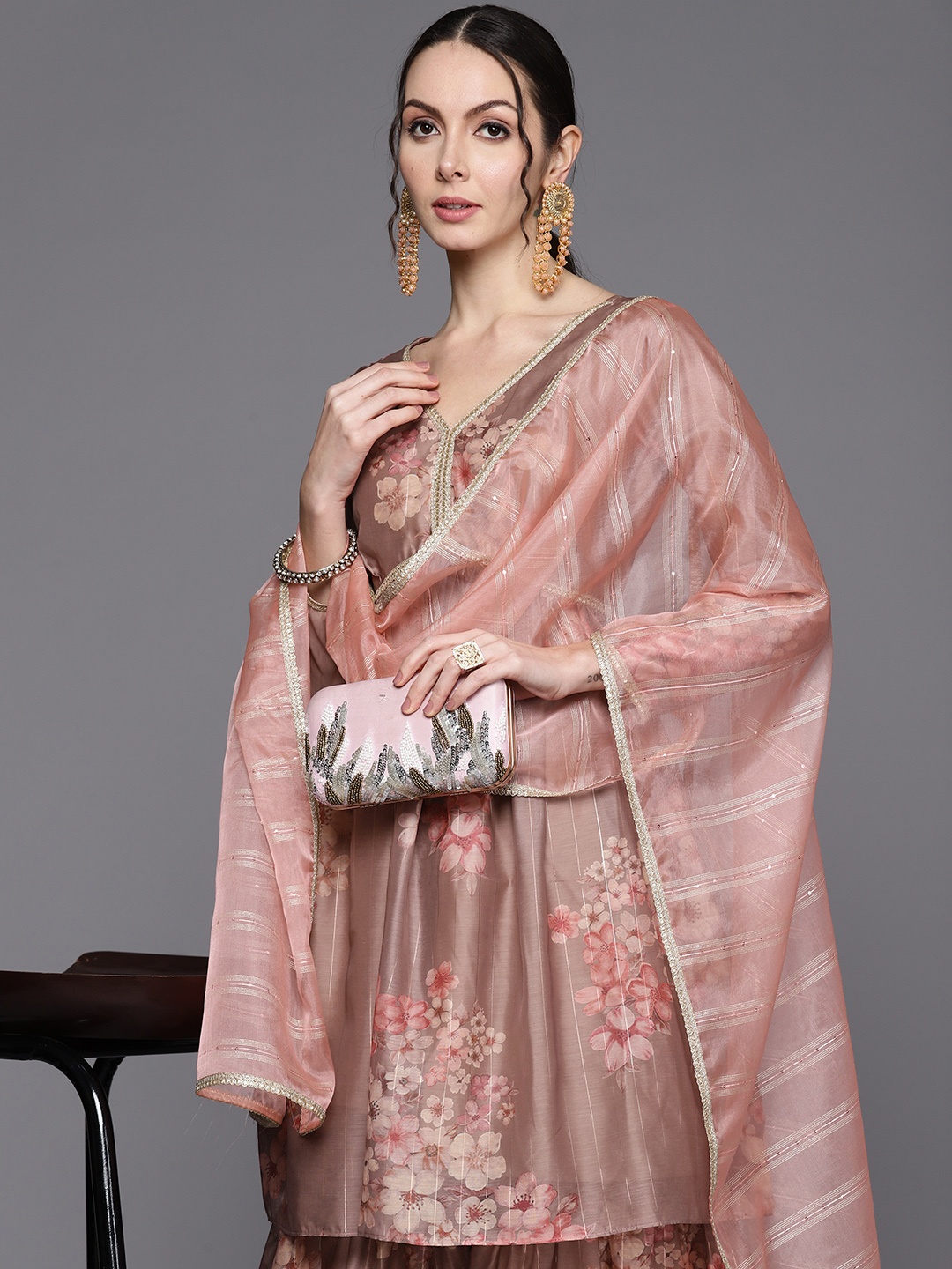 

Indo Era Women Floral Printed Empire Chanderi Silk Kurta with Sharara & With Dupatta, Brown