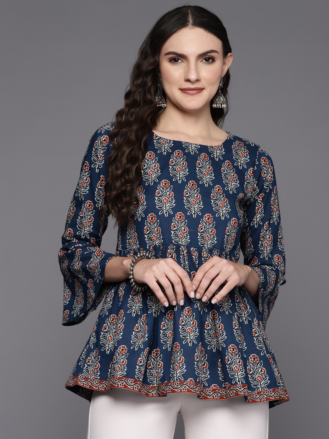 

Indo Era Floral Print Bell Sleeve A-Line Top, Blue