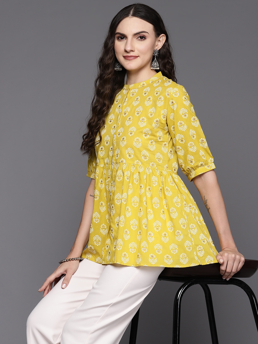 

Indo Era Printed Mandarin Collar Puff Sleeve A-Line Top, Yellow