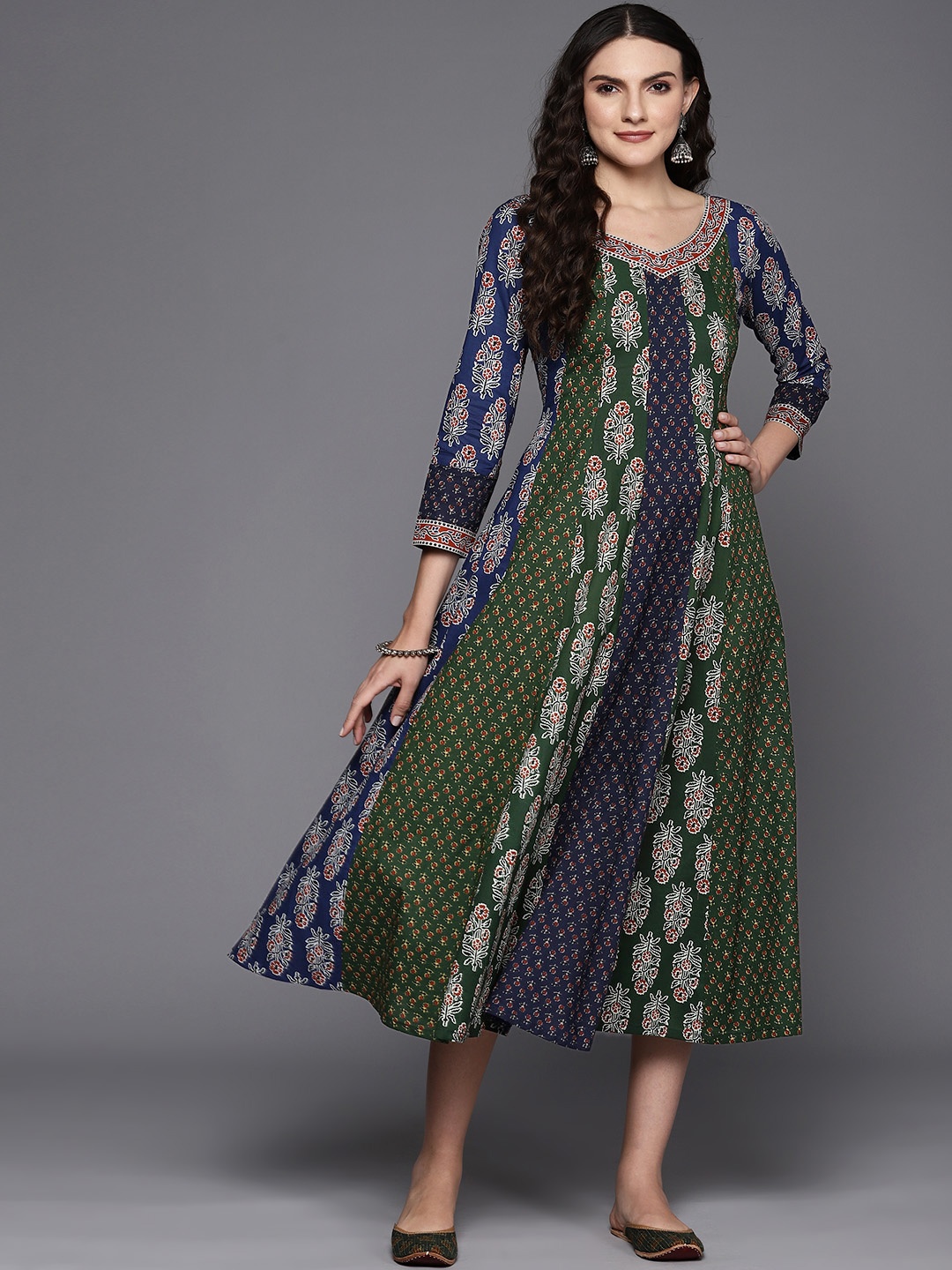 

Indo Era Motifs Print Pure Cotton A-Line Ethnic Dress, Navy blue