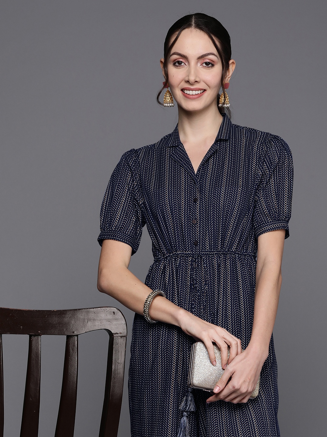 

Indo Era Printed Waist Tie-Ups Basic Jumpsuit, Navy blue