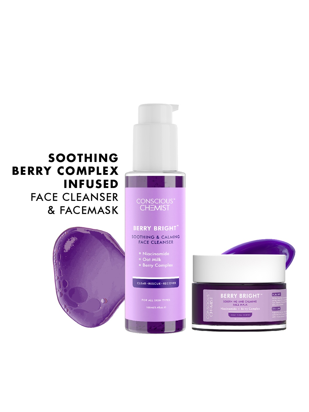 

Conscious Chemist Set of Berry Bright Soothing Face Cleanser 100ml & Face Mask 50ml, Lavender