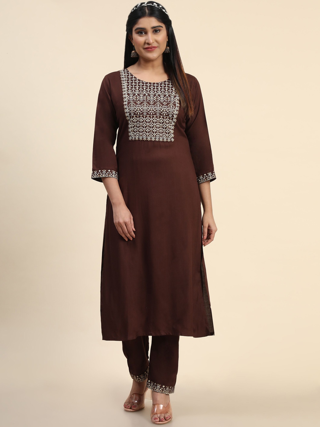 

KALINI Ethnic Motifs Printed Kurta With Trousers, Brown