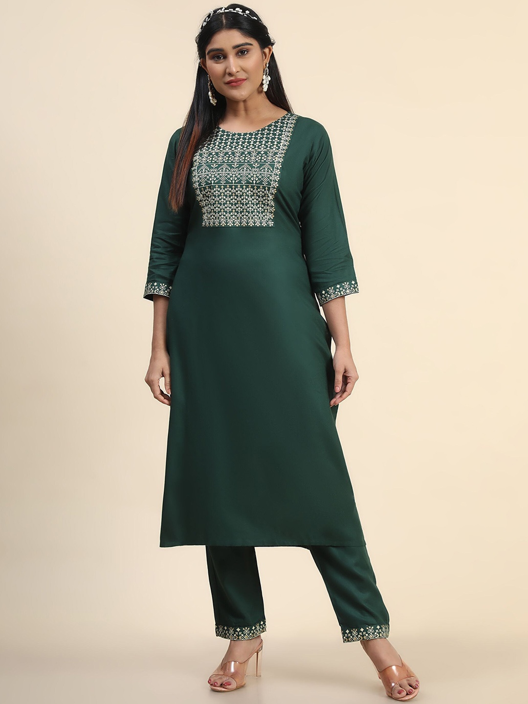 

KALINI Ethnic Motifs Printed Kurta With Trousers, Green