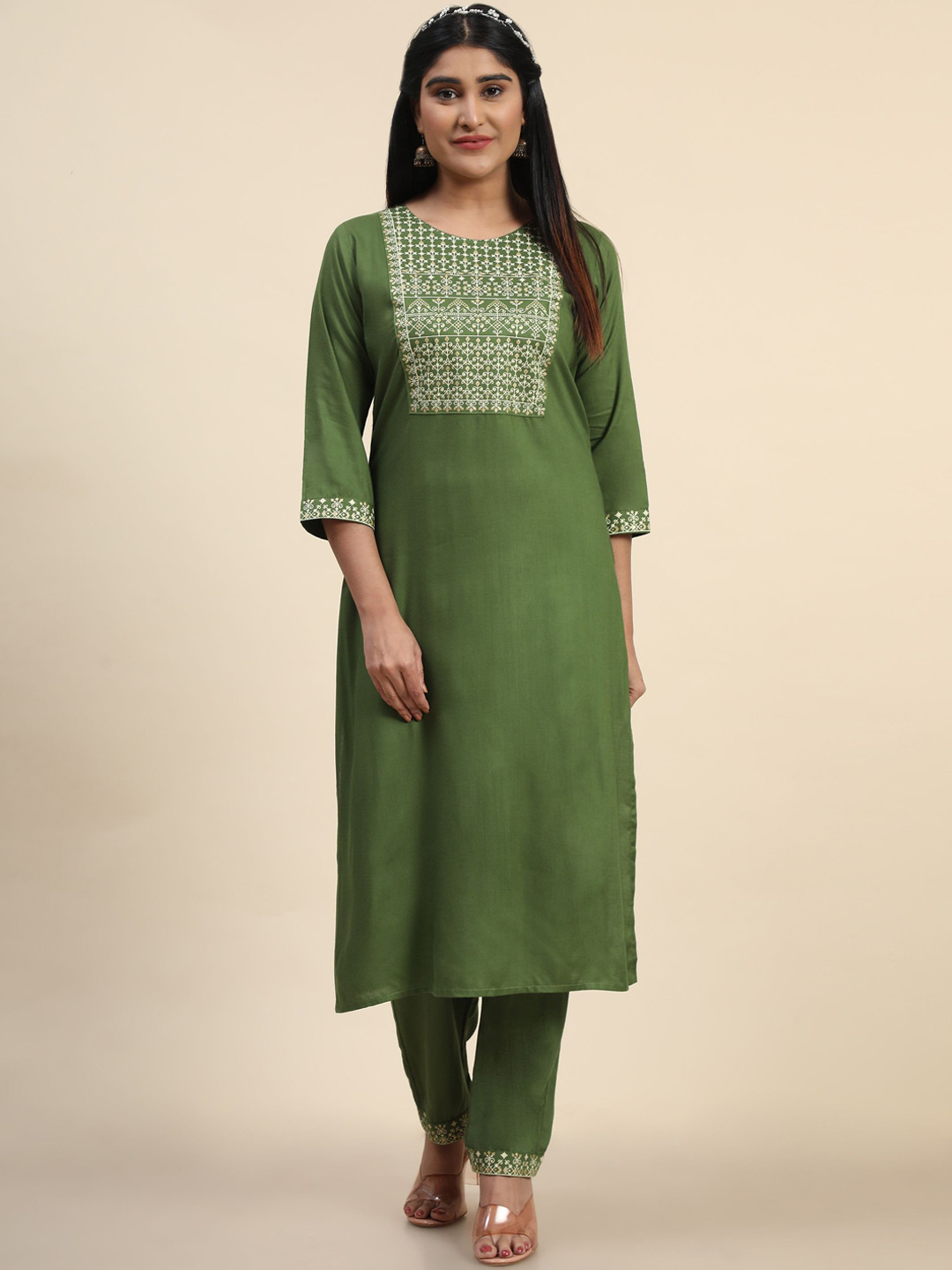 

KALINI Ethnic Motifs Printed Kurta With Trousers, Green