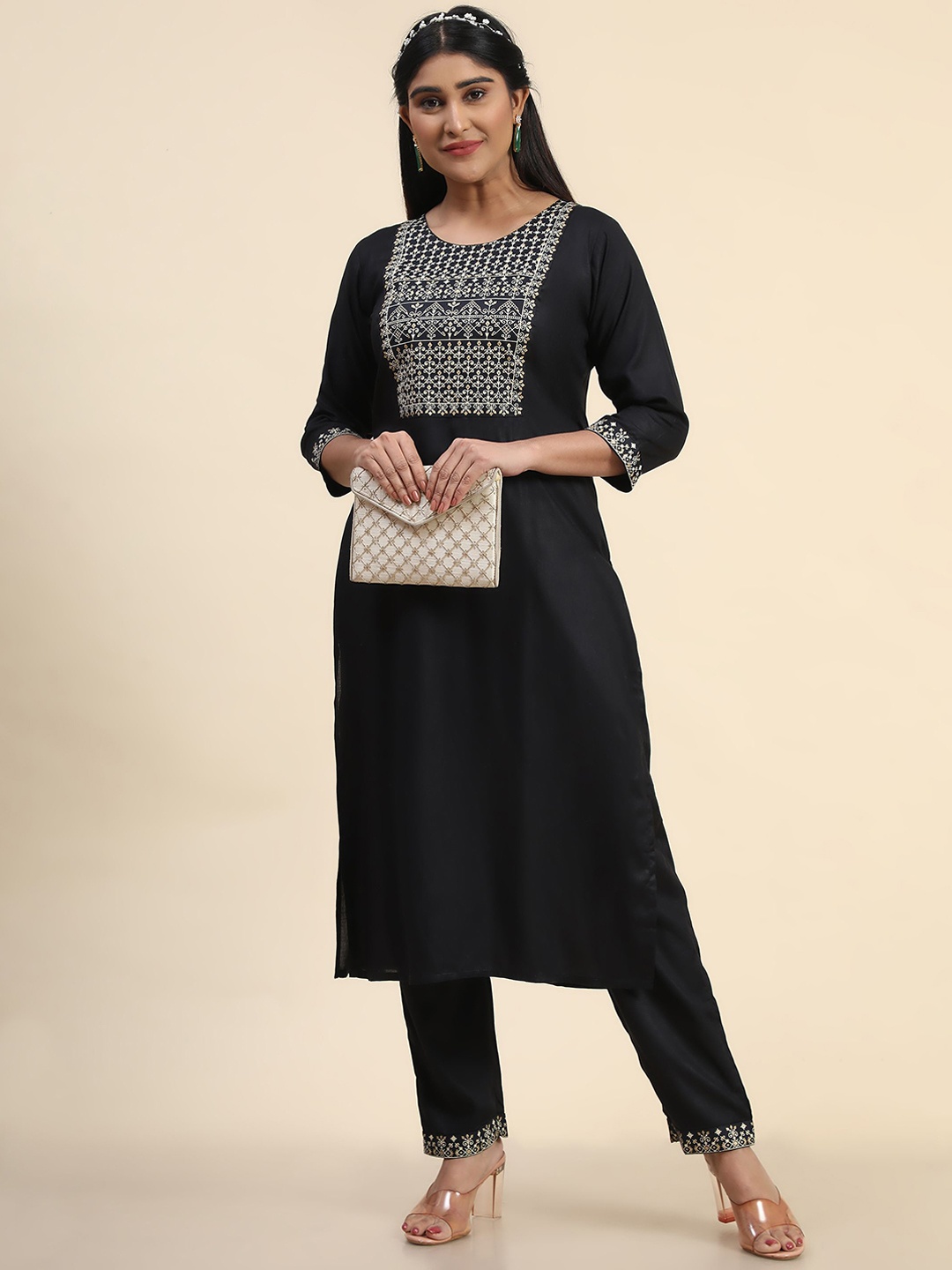 

KALINI Ethnic Motifs Printed Kurta With Trousers, Black