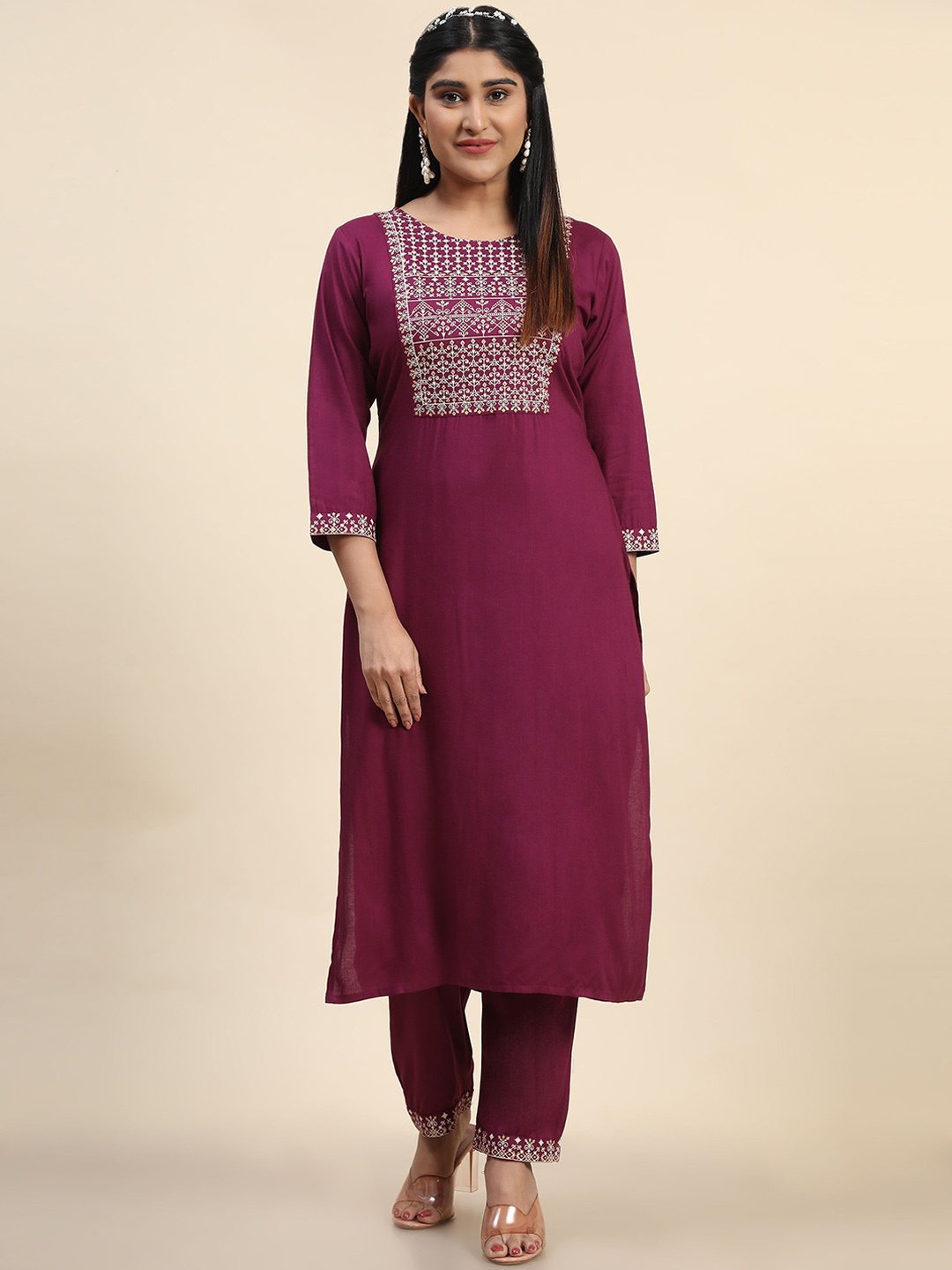

KALINI Ethnic Motifs Printed Kurta With Trousers, Maroon