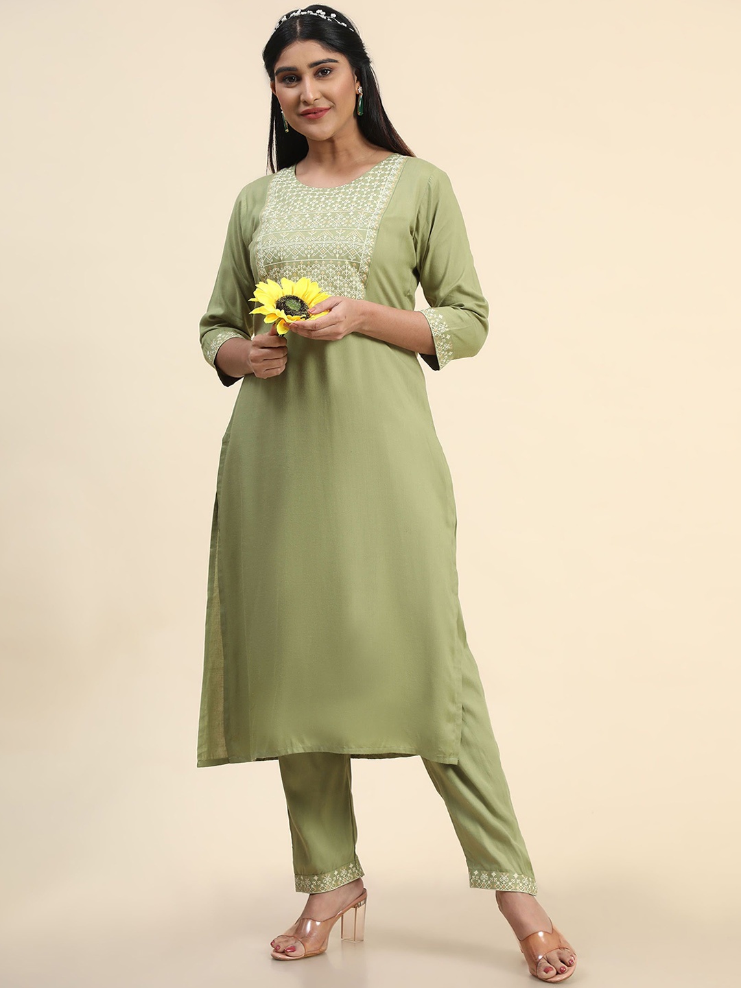 

KALINI Ethnic Motifs Printed Kurta With Trousers, Sea green