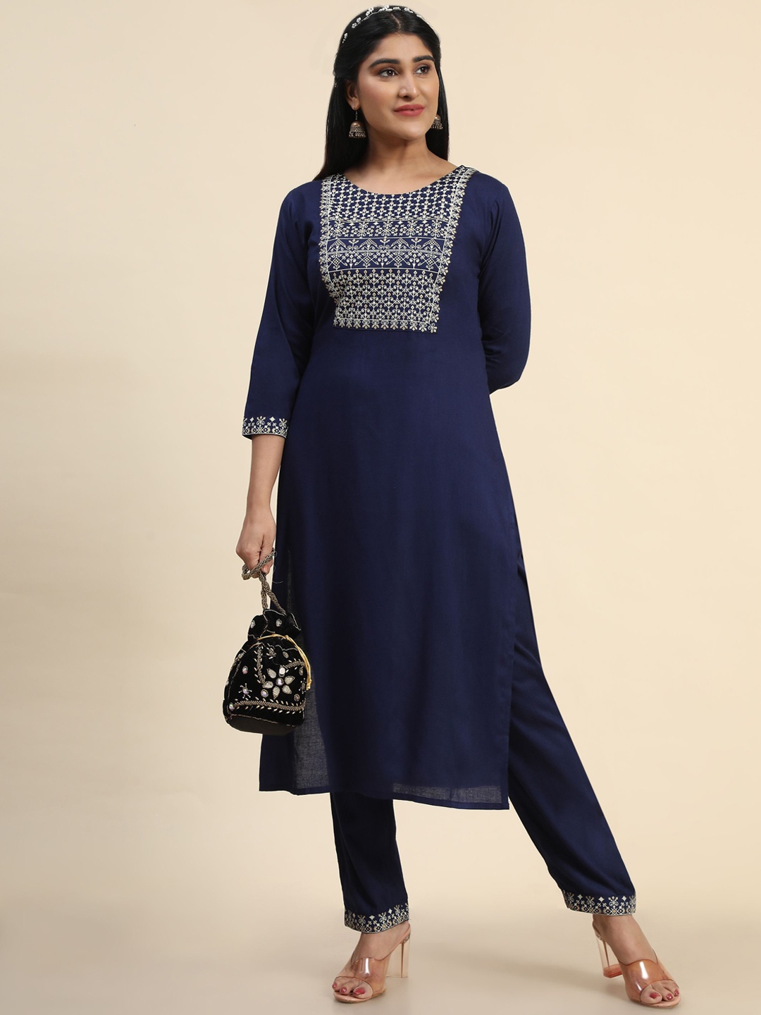

KALINI Ethnic Motifs Printed Kurta With Trousers, Navy blue