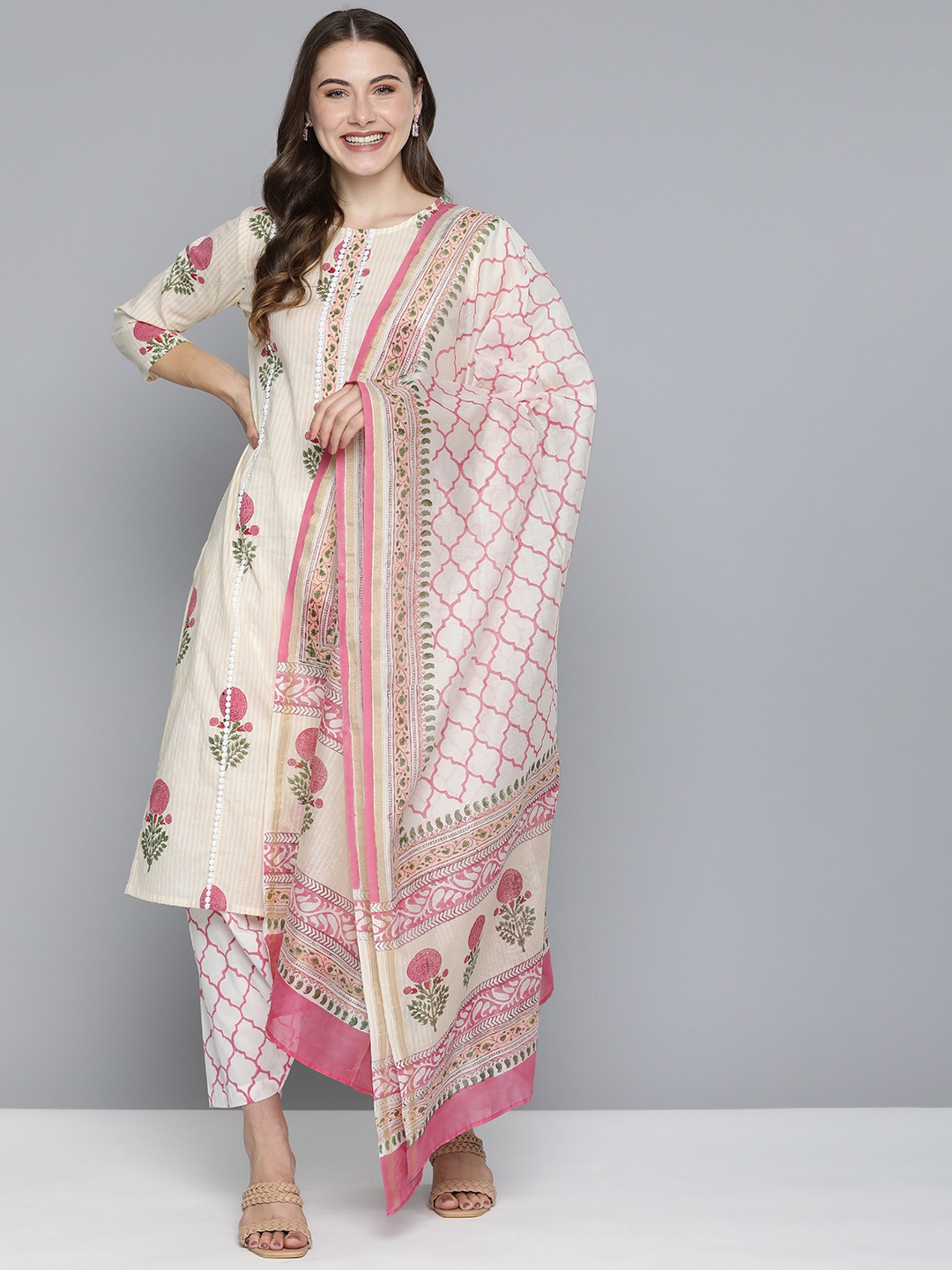 

HERE&NOW Floral Printed Panelled Pure Cotton Kurta with Salwar & With Dupatta, Off white