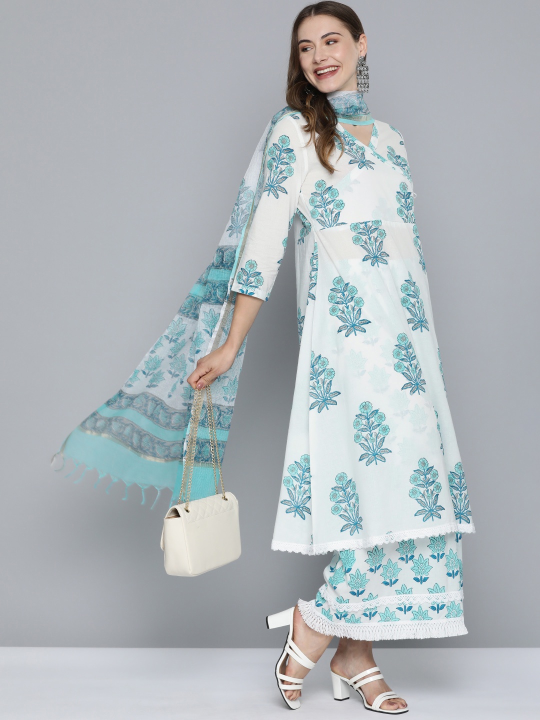 

HERE&NOW Women Floral Printed Angrakha Pure Cotton Kurta with Palazzos & With Dupatta, White