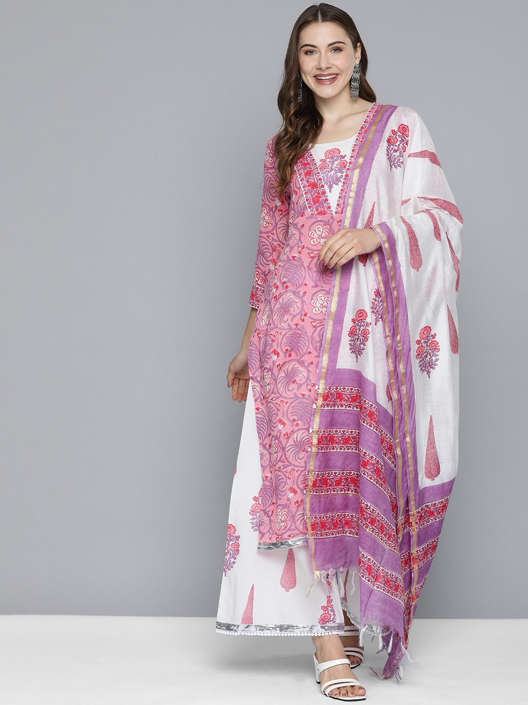 

HERE&NOW Women Floral Printed Regular Pure Cotton Kurta with Palazzos & With Dupatta, Pink