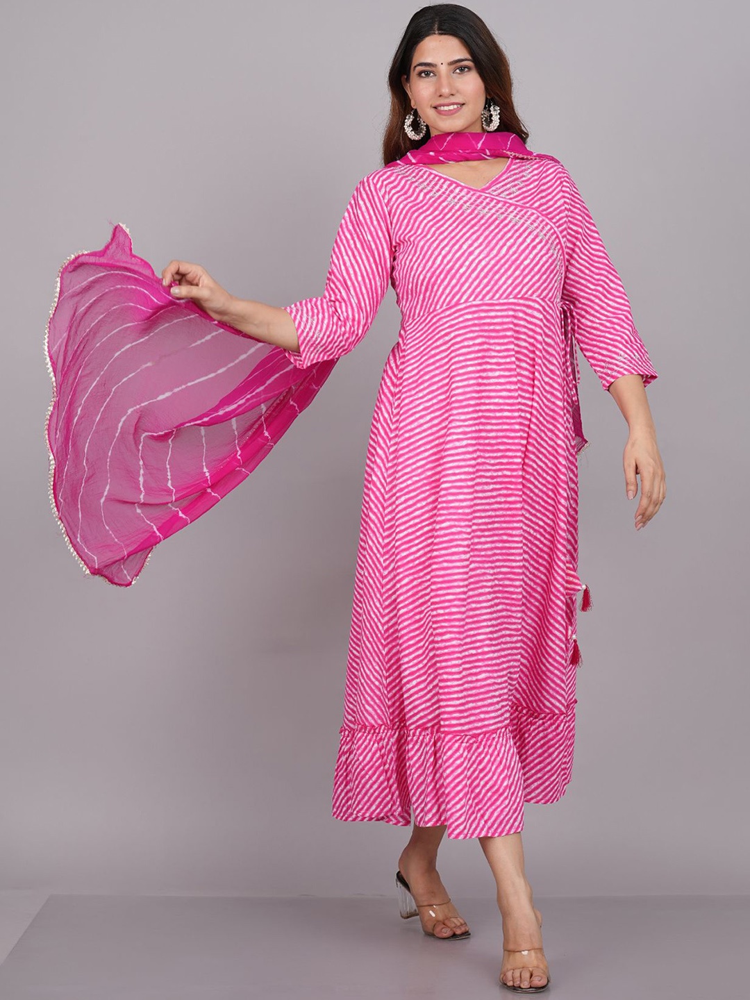 

FABISTA Leheriya Printed Pure Cotton Anarkali Kurta With Dupatta, Pink