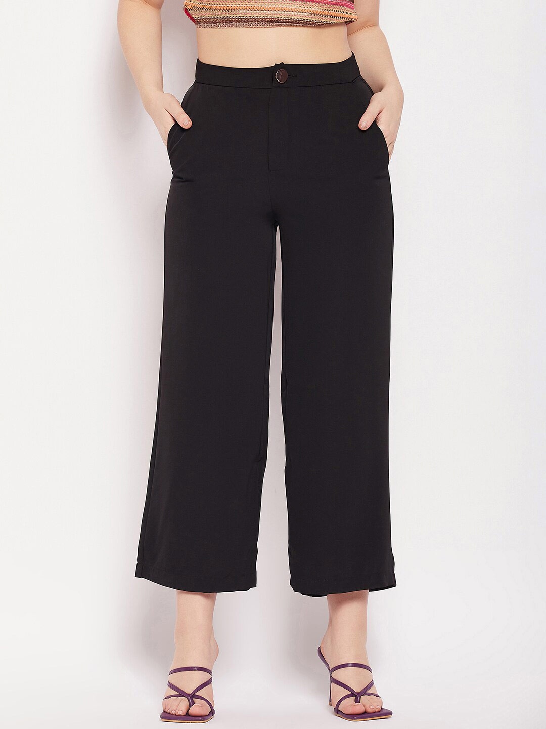 

Madame Women Straight Fit Cropped Trousers, Black