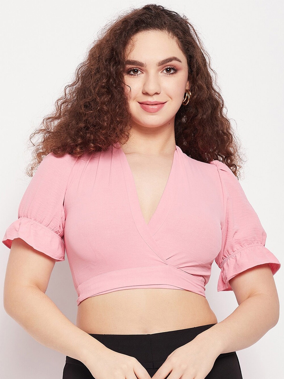 

Madame Women Puff Sleeves Back Tie-Up Shrug, Pink