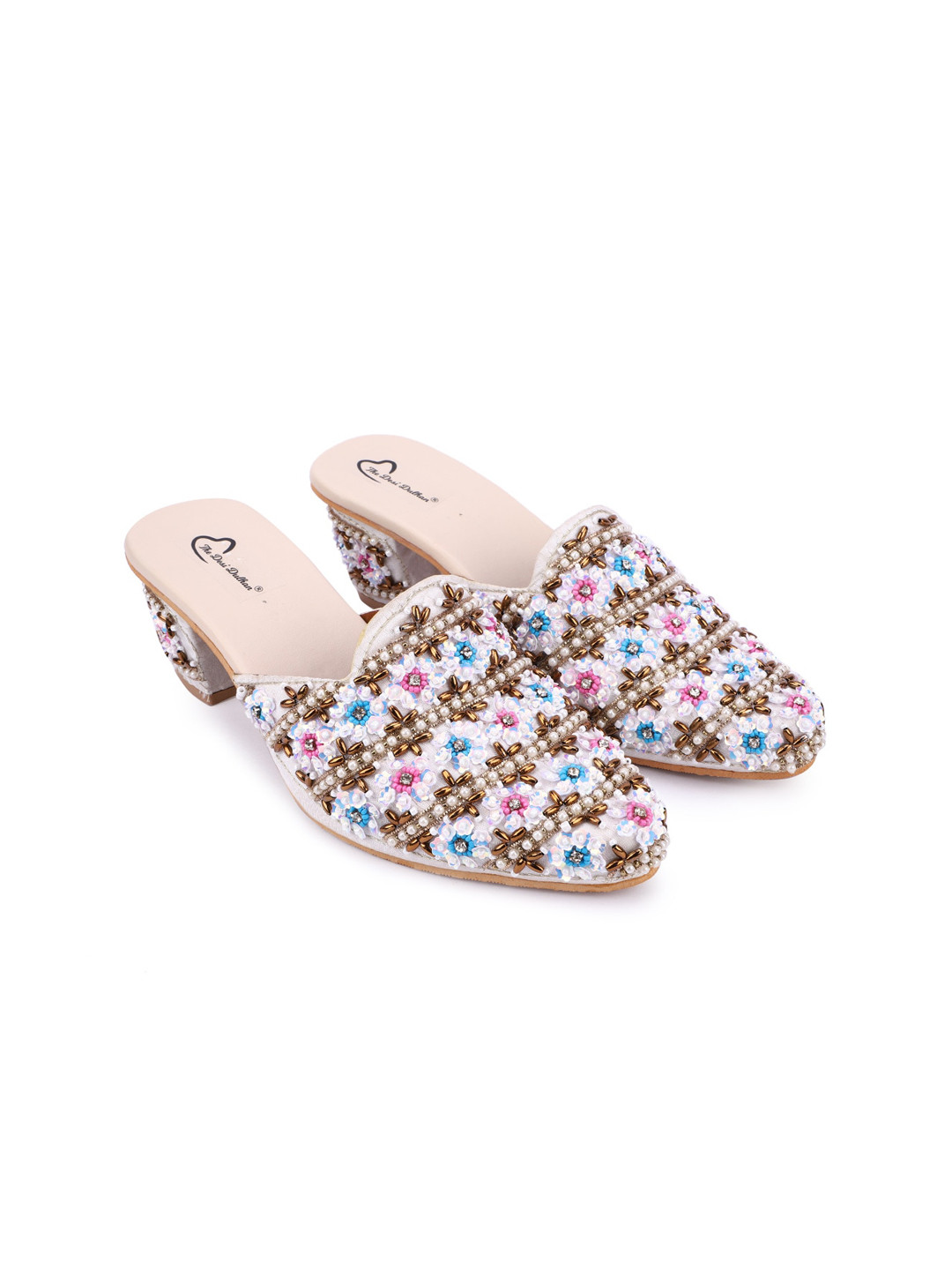 

The Desi Dulhan Ethnic Embellished Pointed Toe Block Mules, White